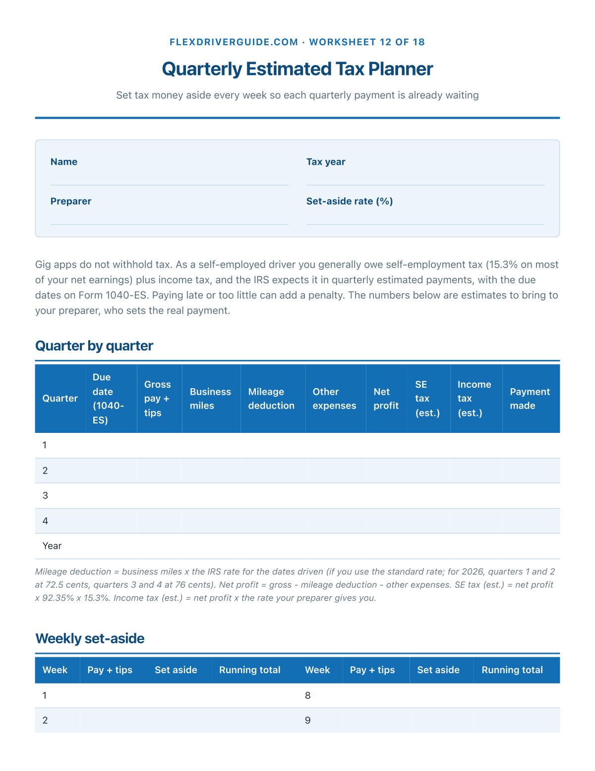 Quarterly tax set-aside, worked out before the due date